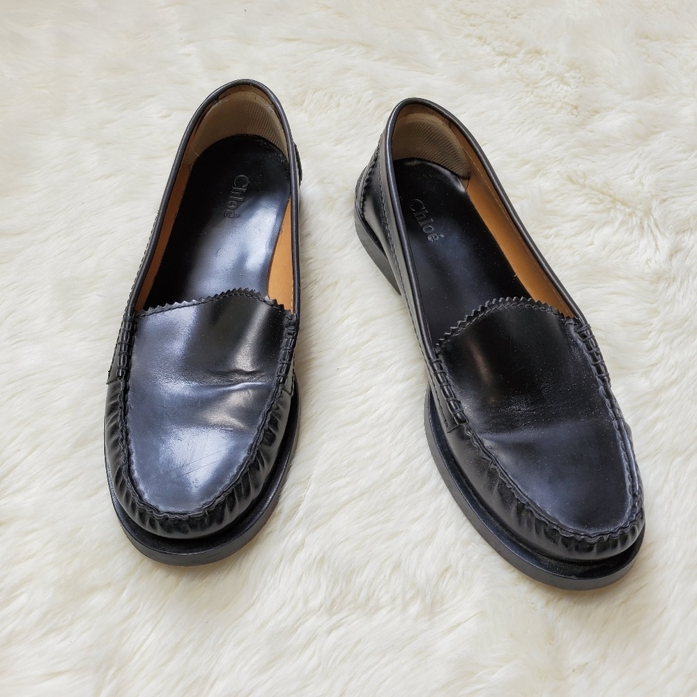 Chloe Black Leather Penny Loafers 37.5